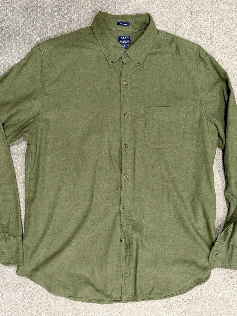 J. Crew Olive Green Brushed Twill Button-Down Shirt - Mens Large